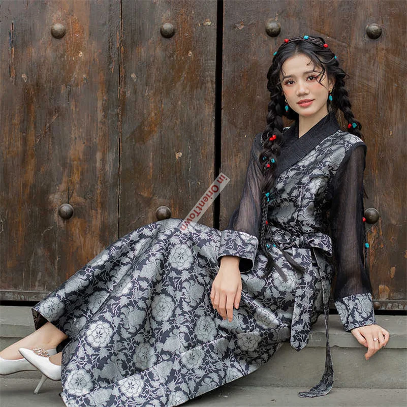 Tibetan Clothing Mix French Style Girl Jacquard Bola Dress Travel Photography Costume Tibet Ethnic Guozhuang Long Robe Lady
