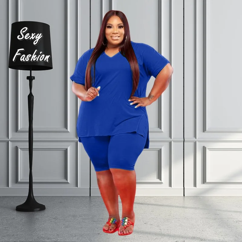 

L-5XL Plus Size Sets Women Clothing 2023 Spring Summer Short Sleeve Split Top and Short Two Piece Suits Sport Female Outfits