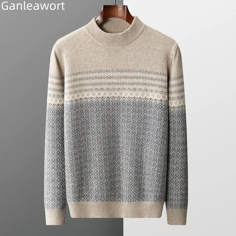 Men's Sweater Pullover Long Sleeve 100 Pure Woolen Sweater Autumn/Winter New Half High Collar Jacquard Knit Thickened Casual Top men s sweater pullover long sleeve 100 pure woolen sweater autumn winter new half high collar jacquard knit thickened casual top