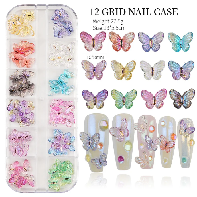 60Pcs/Box Nail Art Butterfly Resin Stones Gems 2 Sizes Multi-Colors Sparkle Nail Designs Charms DIY Manicure 3D Decals Crafts 6