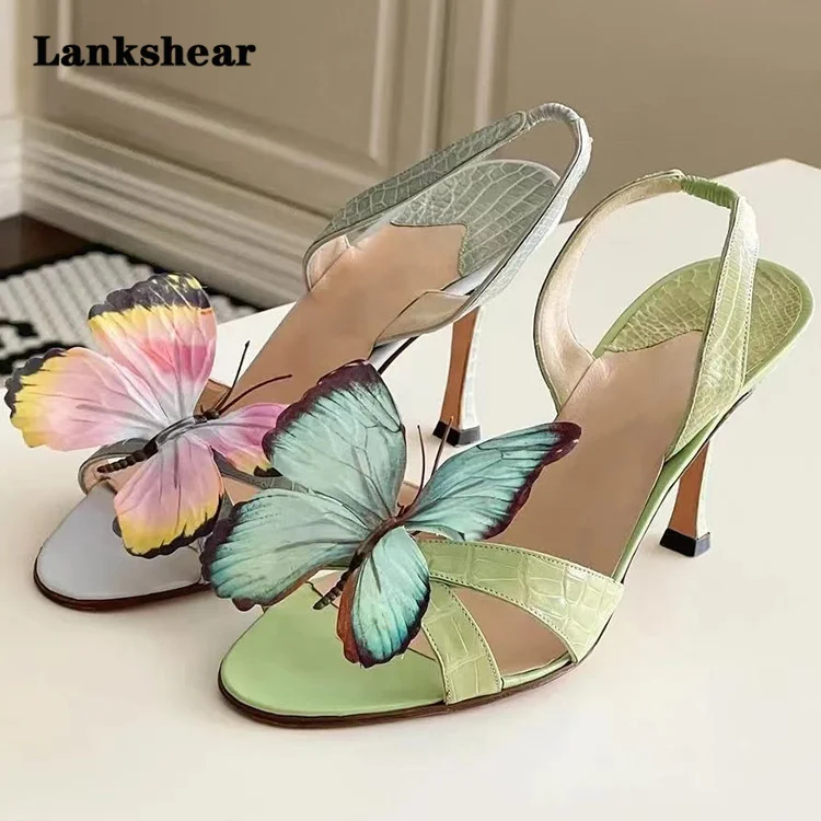 Colorful Butterfly Decorative Sandals for Women Thin Heels Open Toe High Heels Women's Summer Sandalias De Mujer Verano 2024