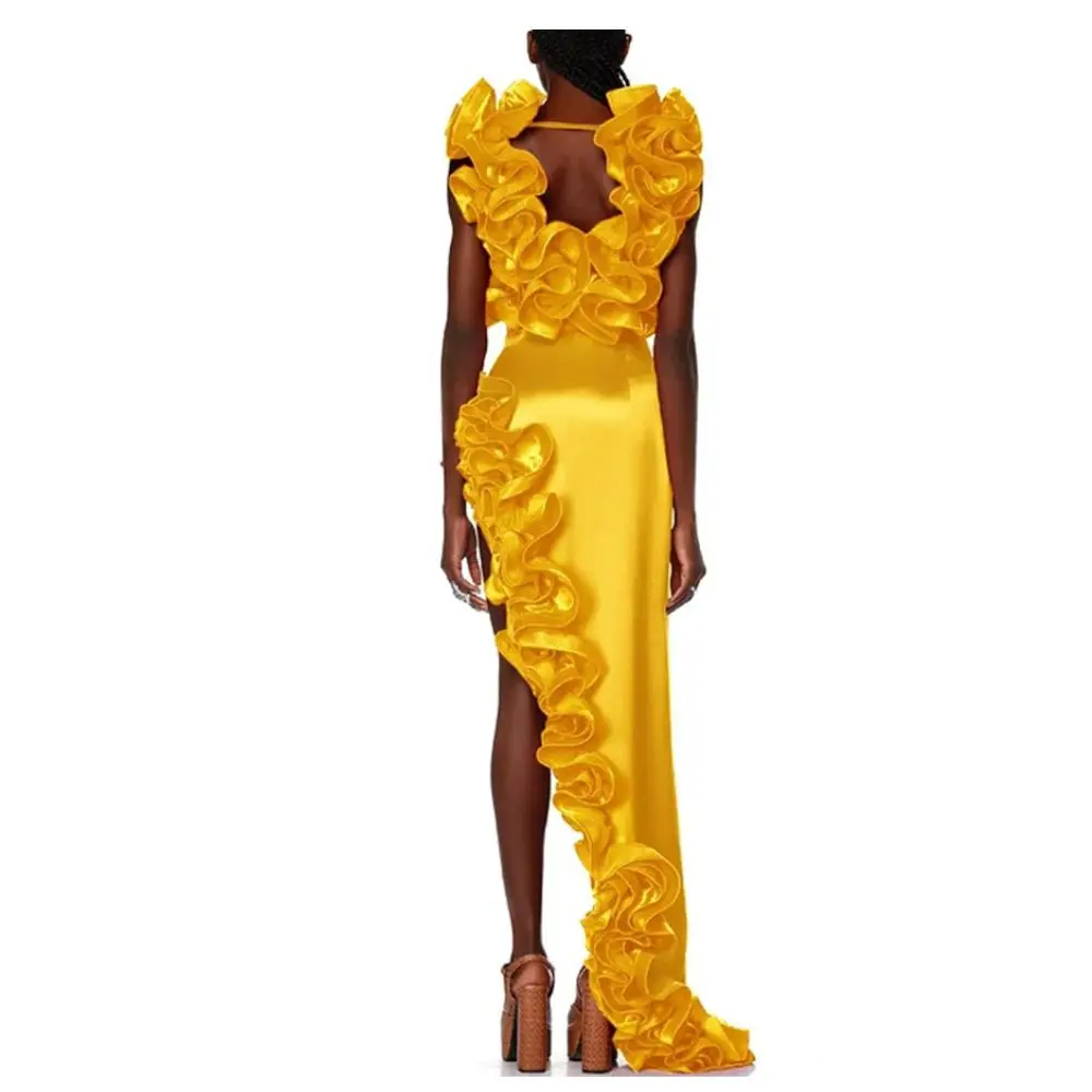 Women Pleated Bikini Frilled V Neck One Piece Swimsuit Asymmetric Design Beach Skirt Advanced Elegance Party Yellow Swimwear