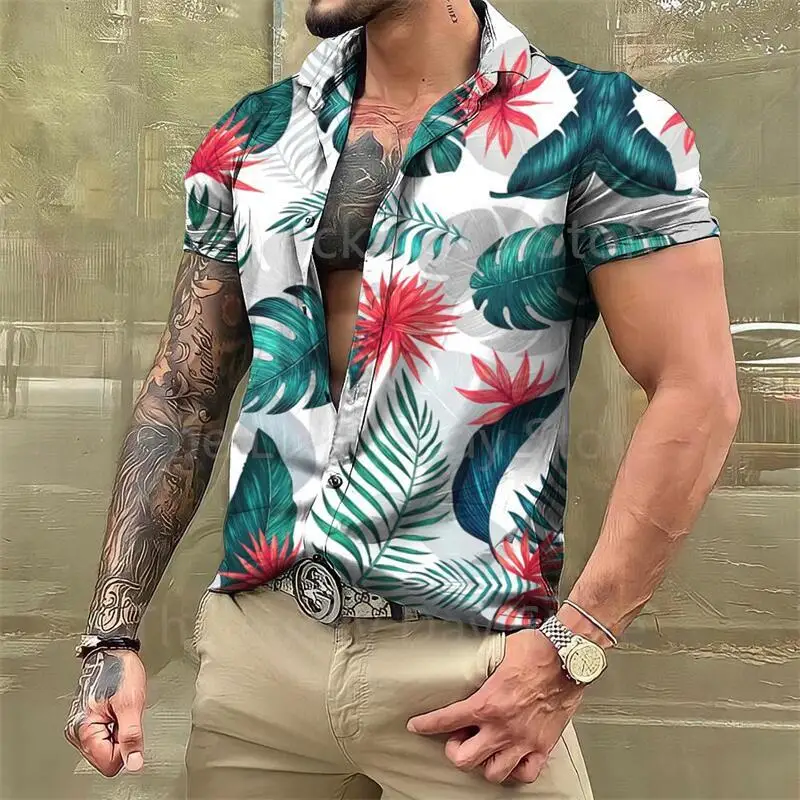 Summer Men's Fashion Leaf Pattern Formal Harajuku Hawaiian Oversized Floral Shirt Blouses Social Vintage Funny Casual Clothing