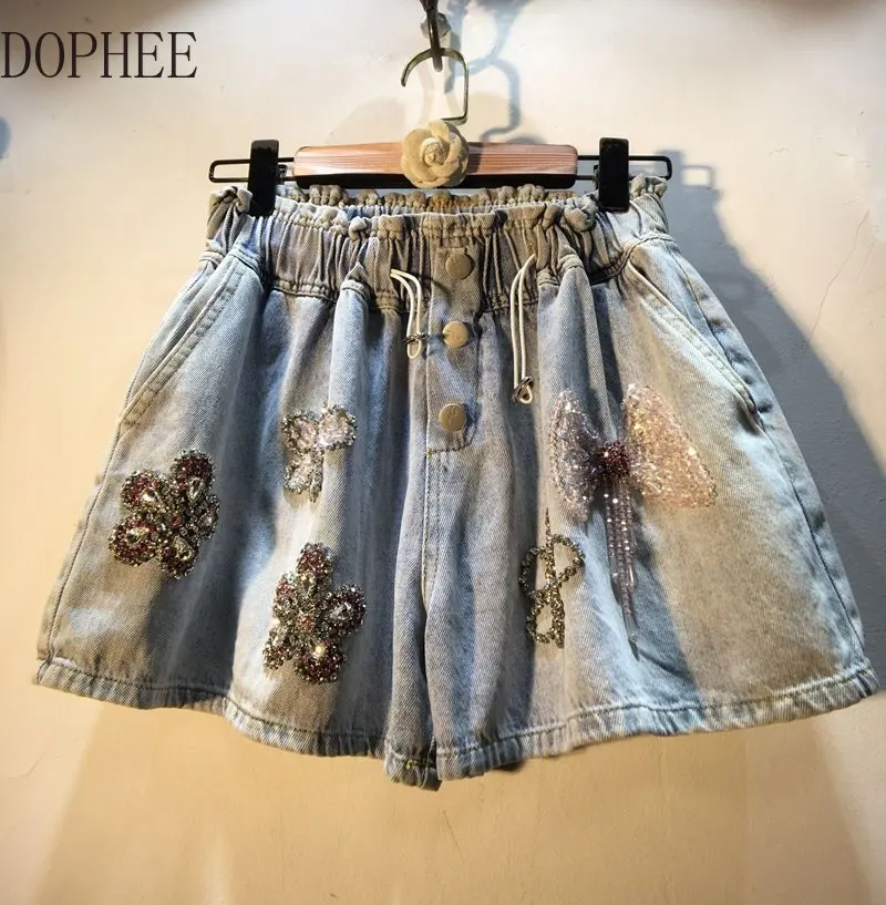 Europe 2023 New Summer Women Hot Shorts Water Dril Beads Diamond Petal High Waist Wide Leg Pants A-line Casual Denim Shorts