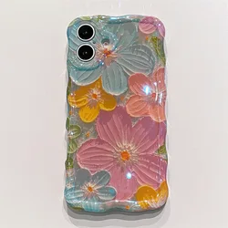 Luxury Blue Light Oil Painting Floral Wavy Phone Case - Shockproof Protective Cover - iPhone 15 (Blue)
