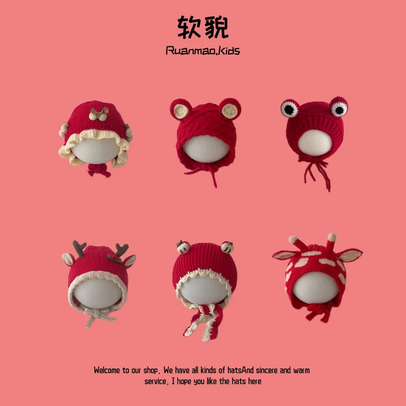 

Kid Beanie Newborn Baby Boy Girl Red Cap New Year Outdoor Windproof Woolen Hat Baby Knitted Cap Warm Pullover Caps Free Shipping