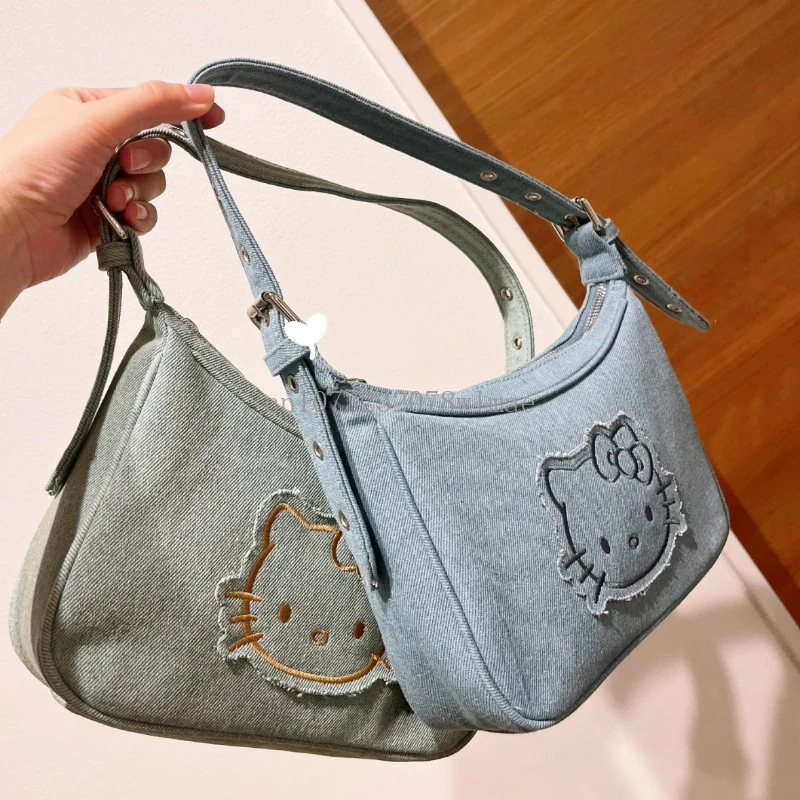 New Kawaii Hello Kitty Underarm Bags Women Y2K Commuting Portable Bag Fashion Denim Embroidery Shoulder Bag Handbag for Girl