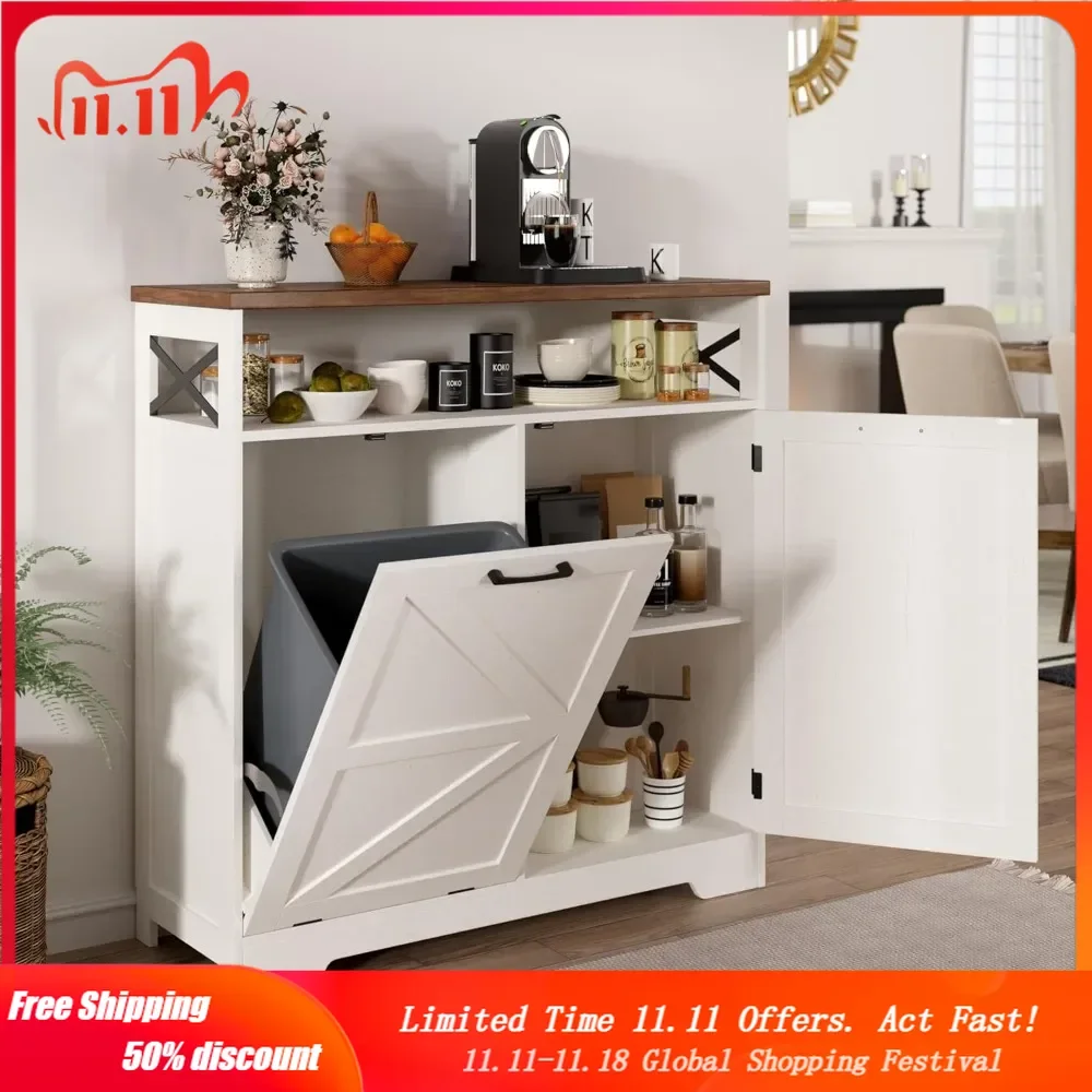 Tilt Out Trash Can Cabinet for 10 Gallon Trash Can, Farmhouse Kitchen Island Bin Cabinet with Adjustable Shelf