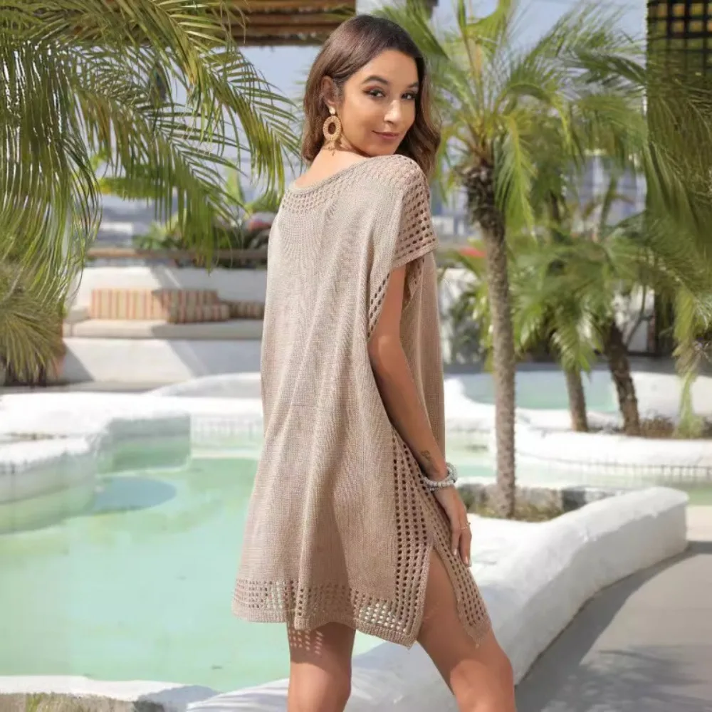 Women's V-Neck Hollow Out Knit Beach Cover Up Dress Loose Bikini Tunic Pareos Summer Casual Swimwear Cover Ups for Beachwear 3