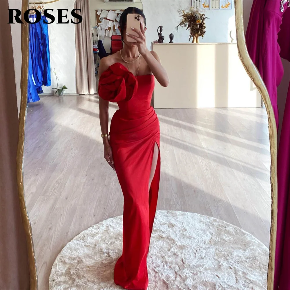 

ROSES Red Charming Prom Dress Gown Trumpet Formal Gown 3D Flower Mermaid Sexy Evening Gown with Side Split vestidos de noche