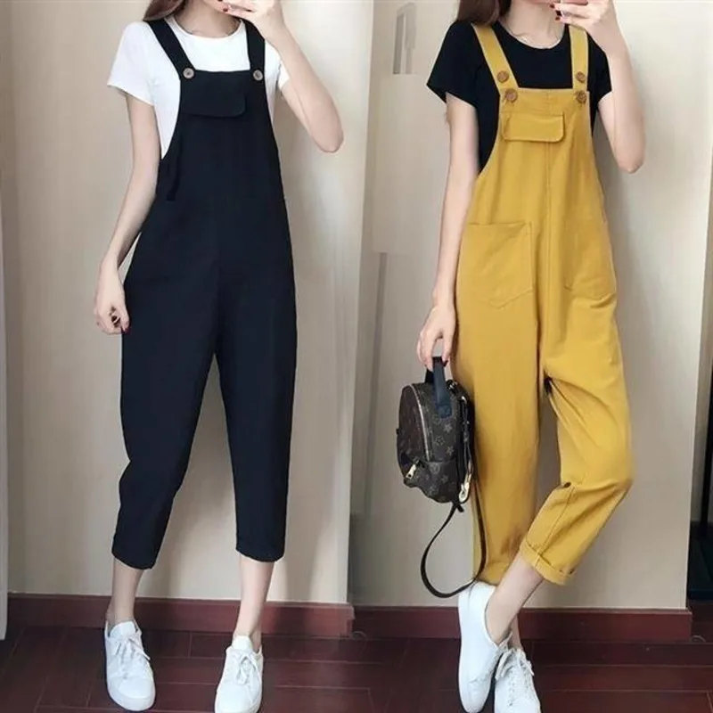 

Women's Fashion Suit 2023 Summer New Korean Loose Casual Plus Size Clothing Crop Top 9-point Suspenders Overalls 2 Two Piece Set