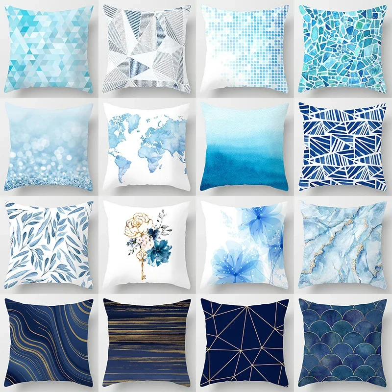 

New Modern Nordic Marble Blue Cushion Cover Geometric Floral Decorative Pillows Case Livingroom 45X45CM Sofa Throw Pillow Covers