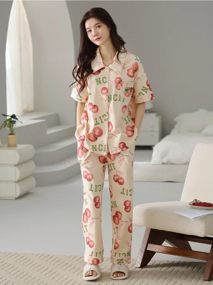 Spring Summer Women's Thin Knitted Cotton Pajamas Lapel Short Sleeve Cardigan Pants Girls Cute Loose Casual Home Clothing Set