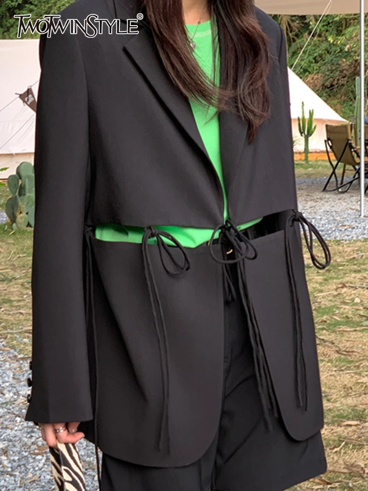 

TWOTWINSTYL Hollow Out Blazer For Women Notched Long Sleeve Solid Patchwork Drawstring Blazers Female Clothes New Autumn Fashion