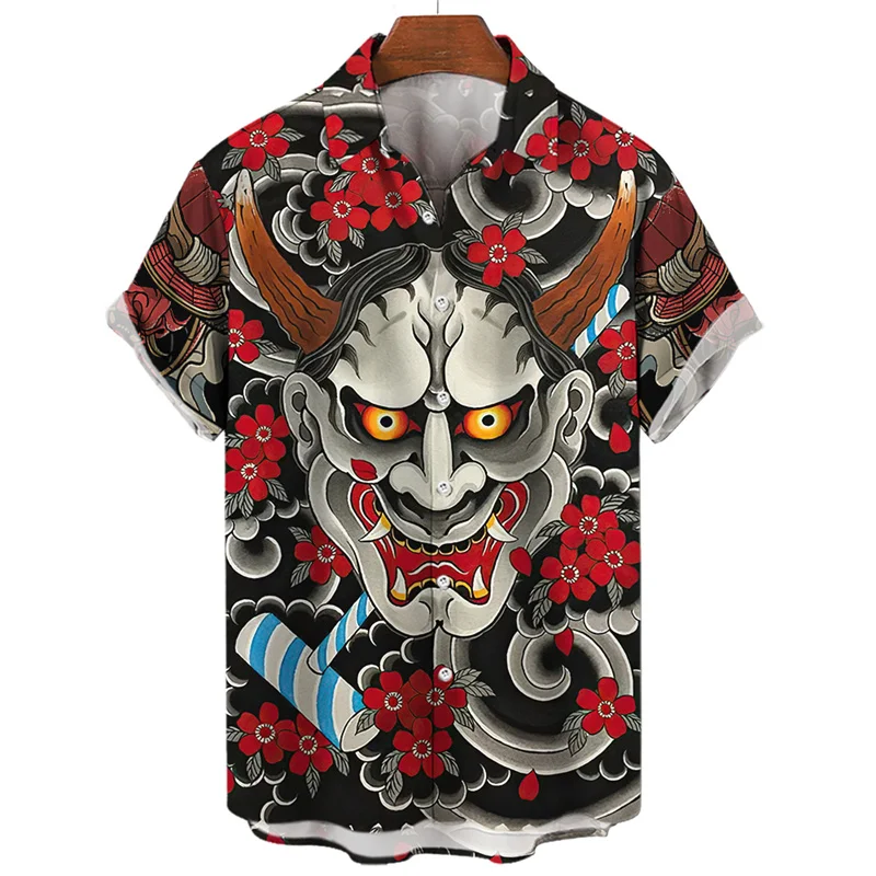 Camisa vintage japonesa con estampado 3D de samurái para hombre, camisa de manga corta de gran tamaño con solapa y botones, estilo callejero