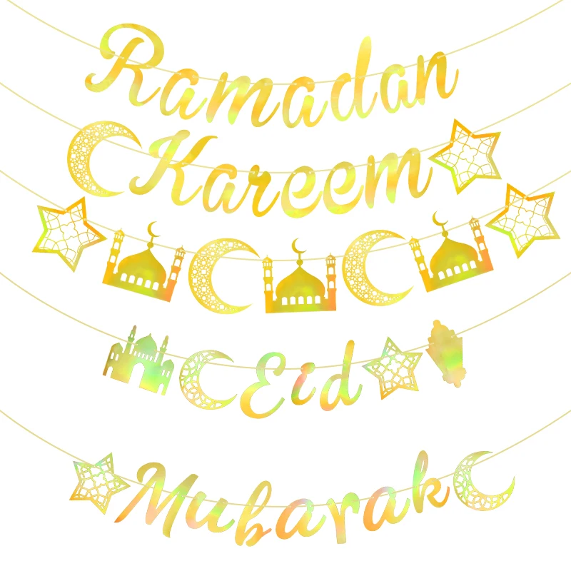 

EID Mubarak Banner Glitter Star Moon Ramadan Kareem Bunting Islamic Muslim Festival Decor For Home Al-Fitr Eid Party Supplies