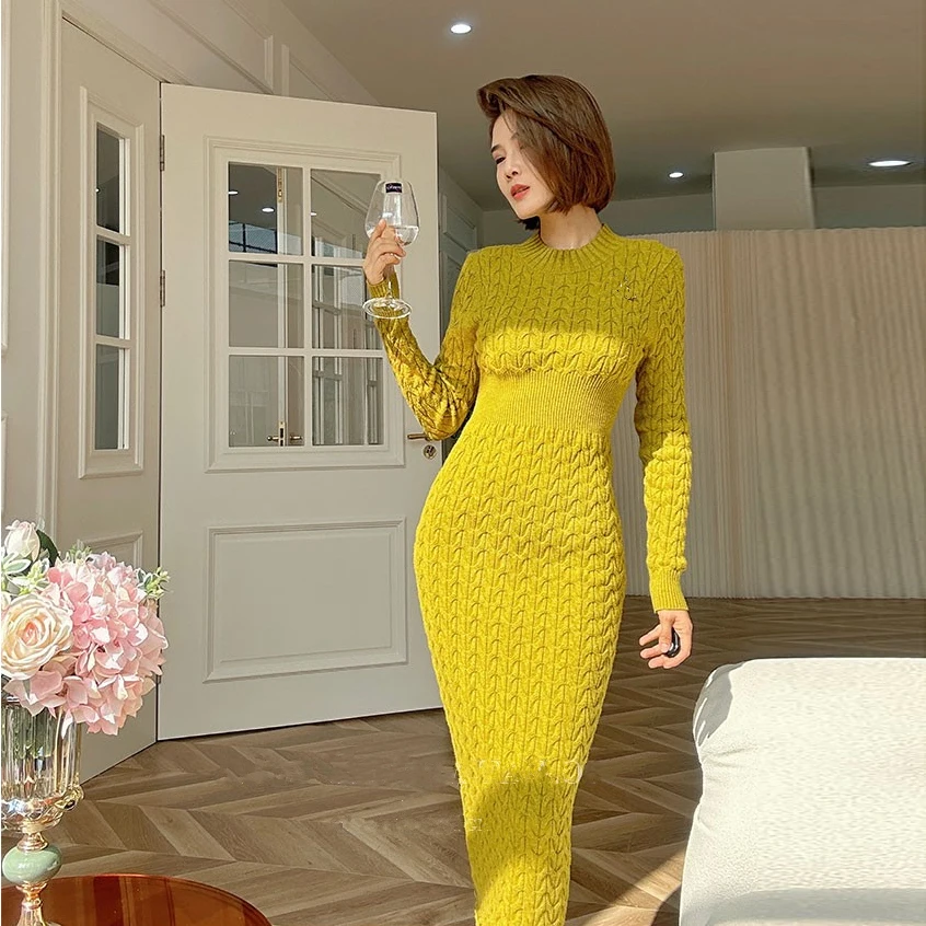 New Fashion Women O Neck Twisted Knitted Sweater Dress Autumn Winter Yellow  Long Sleeve High Waist Bodycon Pencil Midi Vestidos - AliExpress