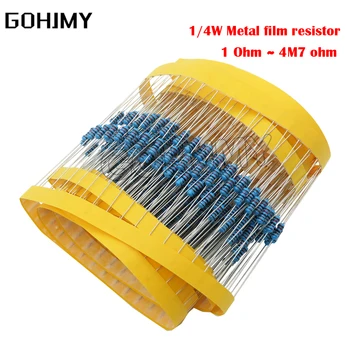 100pcs 1/4W Metal film resistor 1R ~ 22M 1R 100R 220R 330R 1K 1.5K 2.2K 3.3K 4.7K 10K 22K 47K 100K 220k 330 1K5 2K2 3K3 4K7 ohm 1