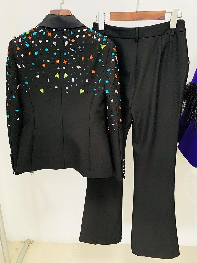 Newest 2024 Designer Runway Fashion Suit Set Women's Slim Fitting Strass Diamonds Beaded Blazer Pants Set