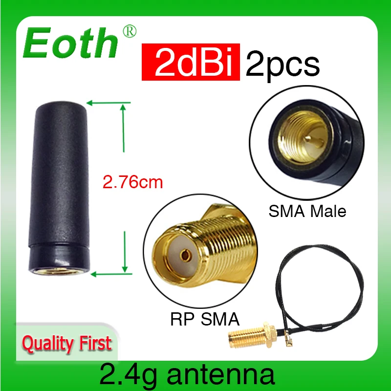 EOTH 2pcs 2.4g antenna 2dbi sma male wlan wifi 2.4ghz antene IPX ipex 1 SMA female pigtail Extension Cable iot module antena 3d printer wireless router esp8266 wifi module mks robin wifi remote control drop shipping