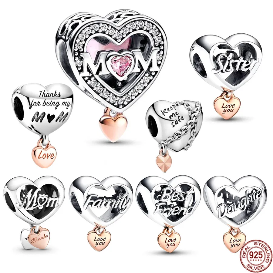 Love You Family Mum Best Sister Friend Heart Beads 925 Sterling Silver Jewelry Gift Fit Original Pandora Charm Bracciale Collana