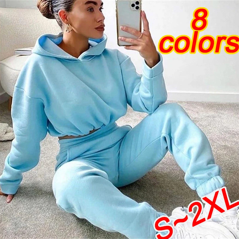 Women's solid colored hooded sports set with exposed navel hoodie and pants casual sports set with a 2-piece hooded jogging set fashionable women s solid color sportswear set with a pullover hoodie and pants casual sports set 11 color jogging set