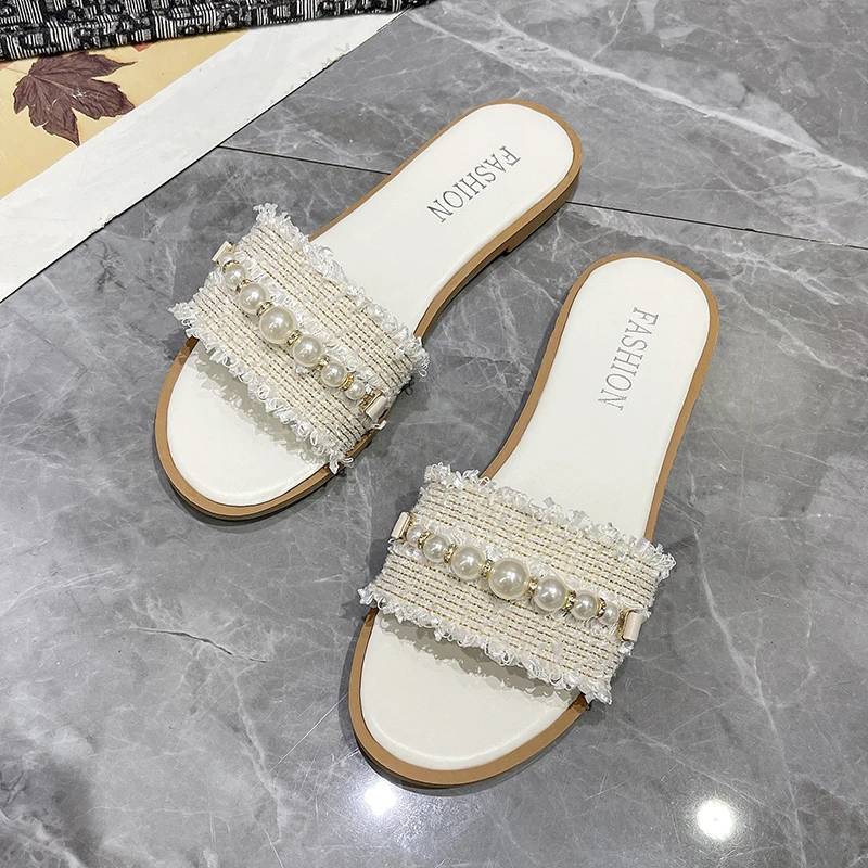 Aphixta Fabric Beige String Bead Slides Flat With Sandal Women Summer Round Toe Shoe Outdoor Slides Luxury Pearls Designer Shoes