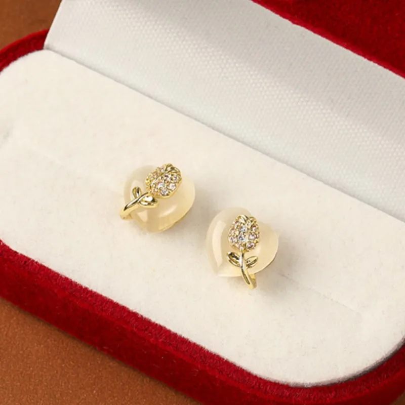 Gold Color Tulip Cat's Eye Stone Heart Stud Earrings for Women 2024 New Arrival Sweet Zircon Earring Jewelry Gifts