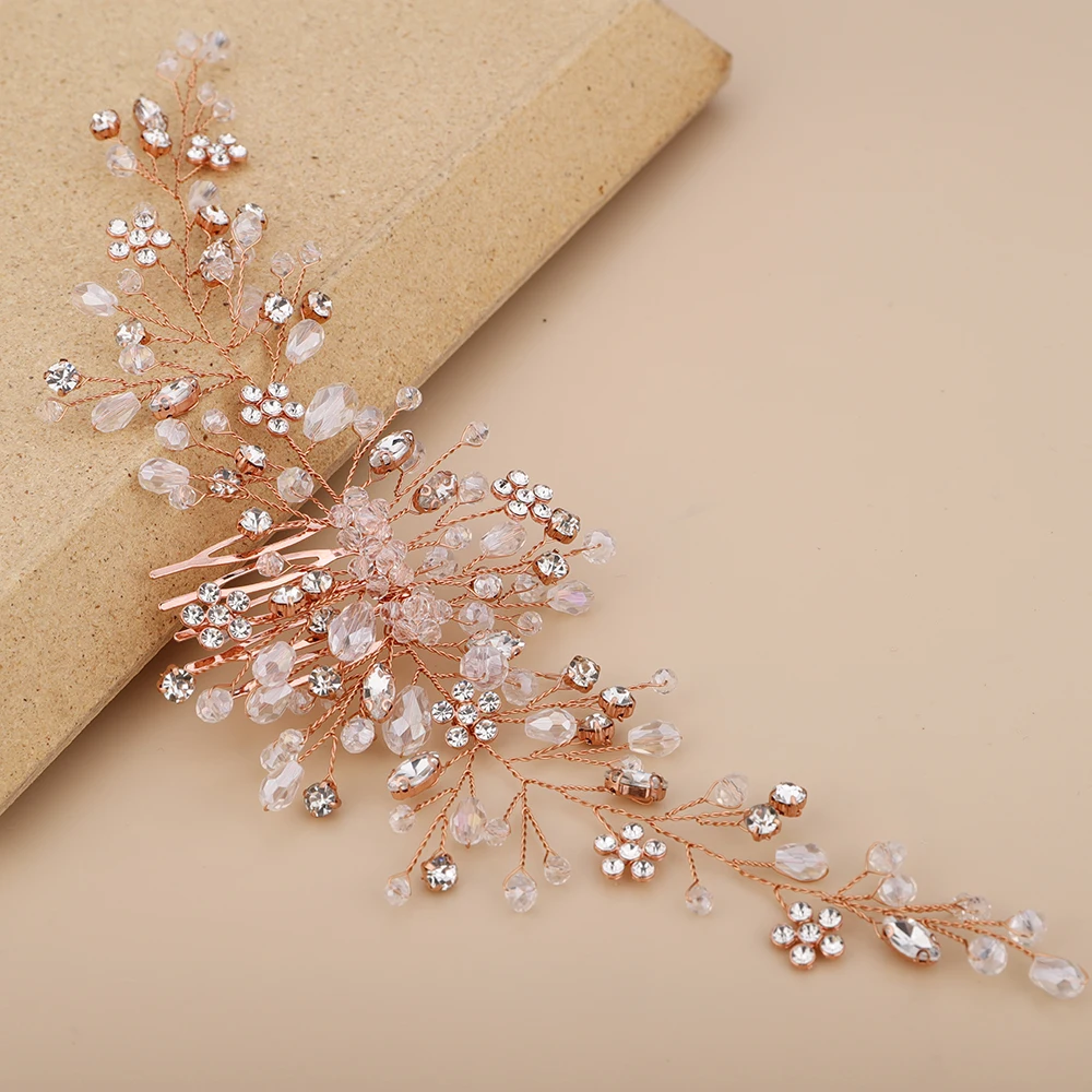 Vintage Rose gold Silver Bridal Hair Accessories Shiny Crystal Hair comb for Women