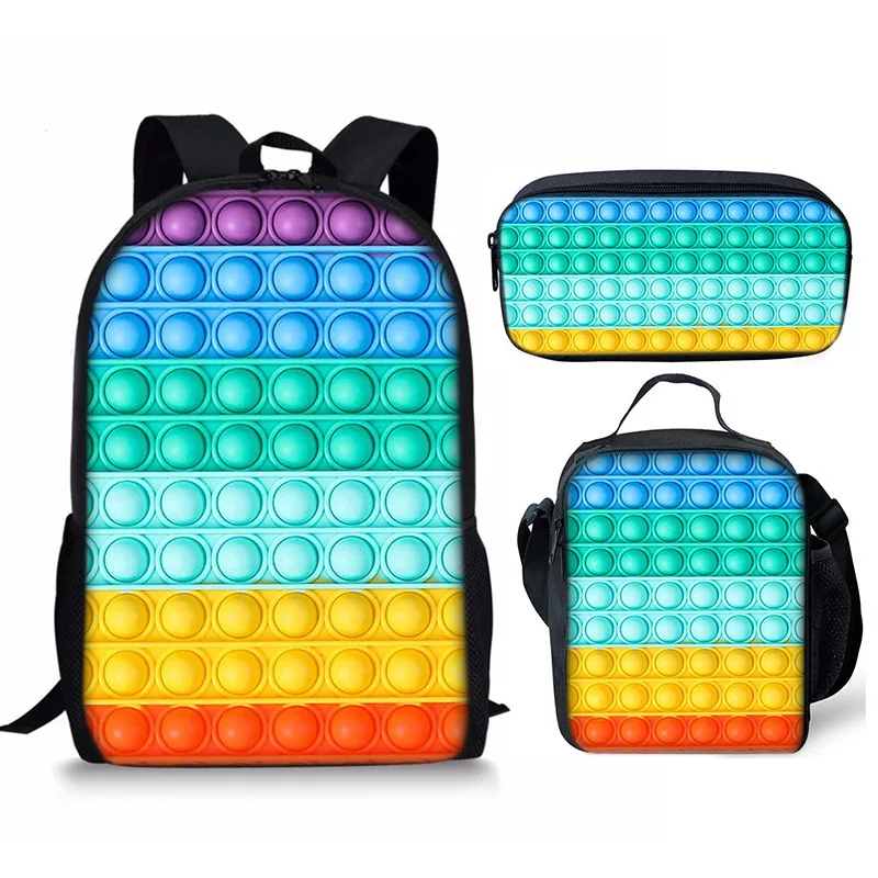 Cartoon Rainbow Colorful Push Bubble 3pcs/Set Backpacks 3D Print School Bookbag Travel Laptop Daypack Lunch Bags Pencil Case