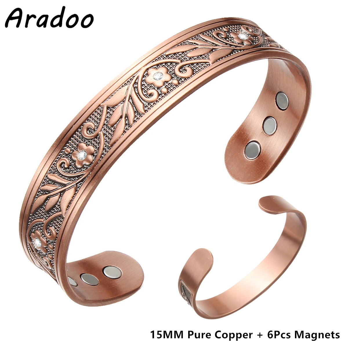Pure Copper Neodymium Magnet Open Cuff Bracelet Vintage Plum Zirconia 3500 Gauss Magnetic Therapy Bangles