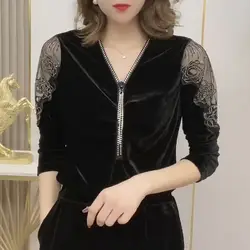 Elegant V-Neck Zipper Shirt Fashion Folds Diamonds Female Clothing Solid Color Autumn Winter Long Sleeve Gauze Hollow Out Blouse