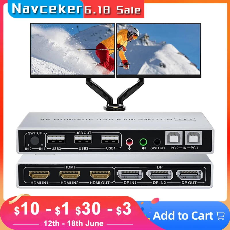 HDMI DisplayPort KVM Switch Dual Monitor 4K 60Hz 2x2 Mixed inputs DP