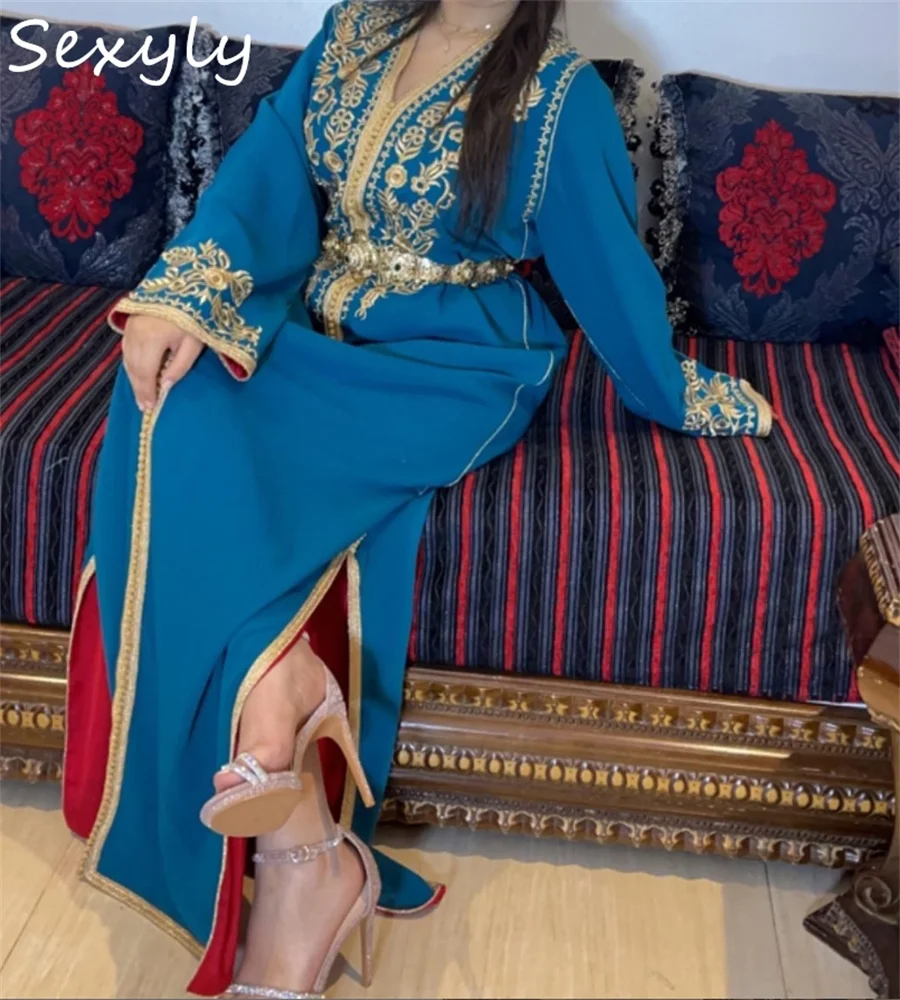 فستان سهرة أزرق قفطان عربي مطرز أنيق مقاس كبير فست...