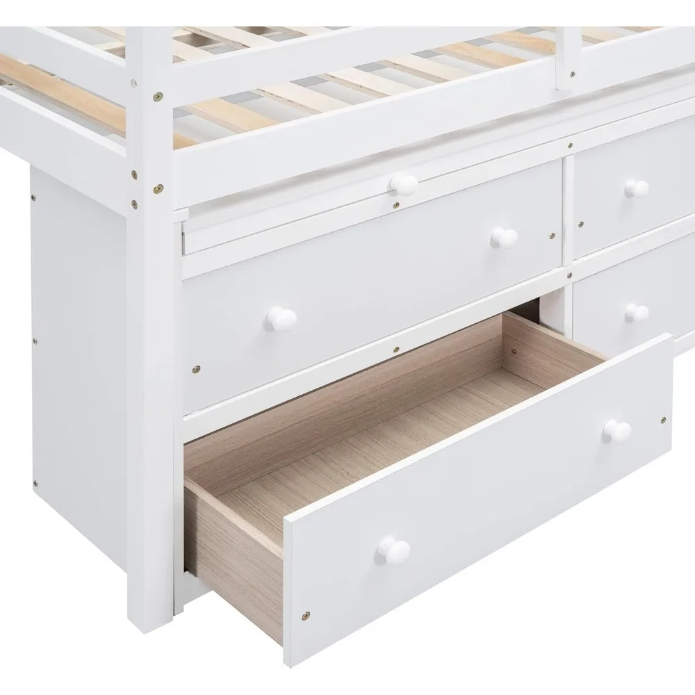 Full size Low Loft Bed with Storage, Full Size Loft Bed with Portable Desk & 4 Drawers, Wood Full Loft Bed Frame with Shelves 4