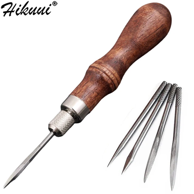 1Set DIY Leather Punch Awl Wood Handle Replaceable Needle Head