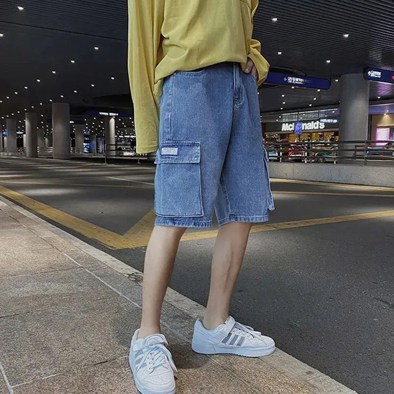 New Summer American Thin Denim Shorts Fashionable Men's High Quality Loose Straight Leg Travel Shopping Retro Large Pocket Jeans