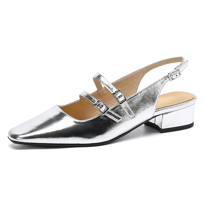 

Women Slingbacks Pumps Leather Single Shoes Spring Summer Autumn Mid Heels Silver Pink Sandals Ladies Boat Shoes Plus Size 32-43