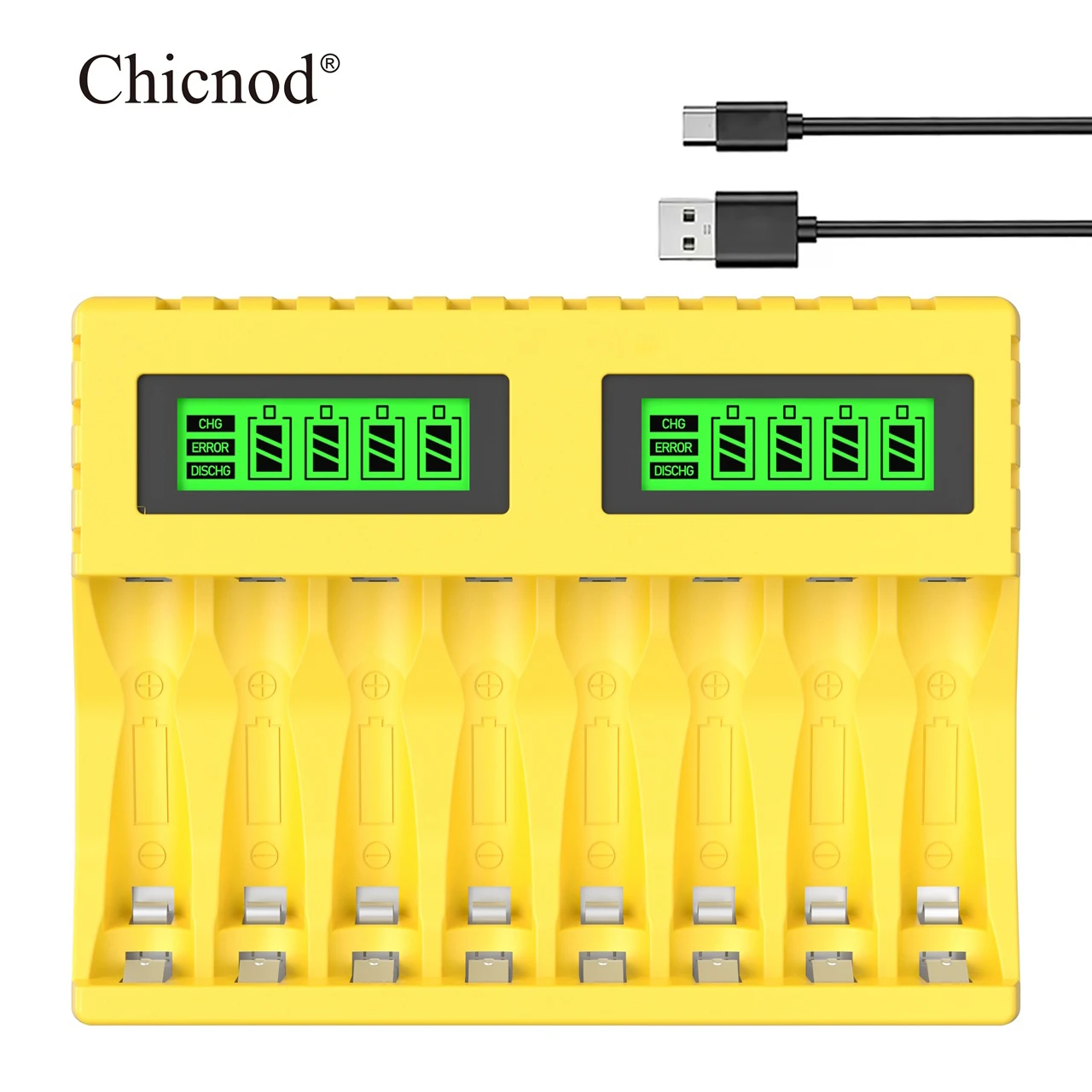 Universal Smart Battery Charger with LCD Display and USB Type-C Connection for AA and AAA Ni-MH Batteries, 8-Slot Capacity