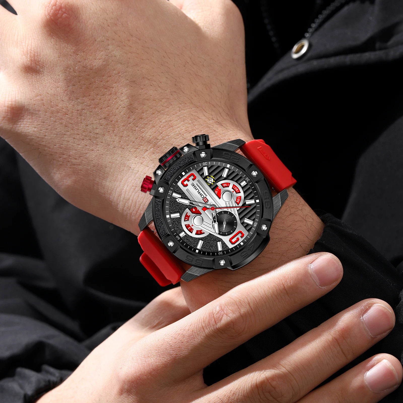BORUSE Men Sport Silicone Quartz Wristwatch Chronograph Military Mens Watches Waterproof Luminous Date Clock Watch for Men