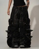 Jeans Streetwear Y2K Noir Rétro Gothique Surdimensionné avec Poches Rivets et Fermeture Éclair, Jean Baggy Décontracté Style Punk, Pantalon en Denim Large pour Homme 3
