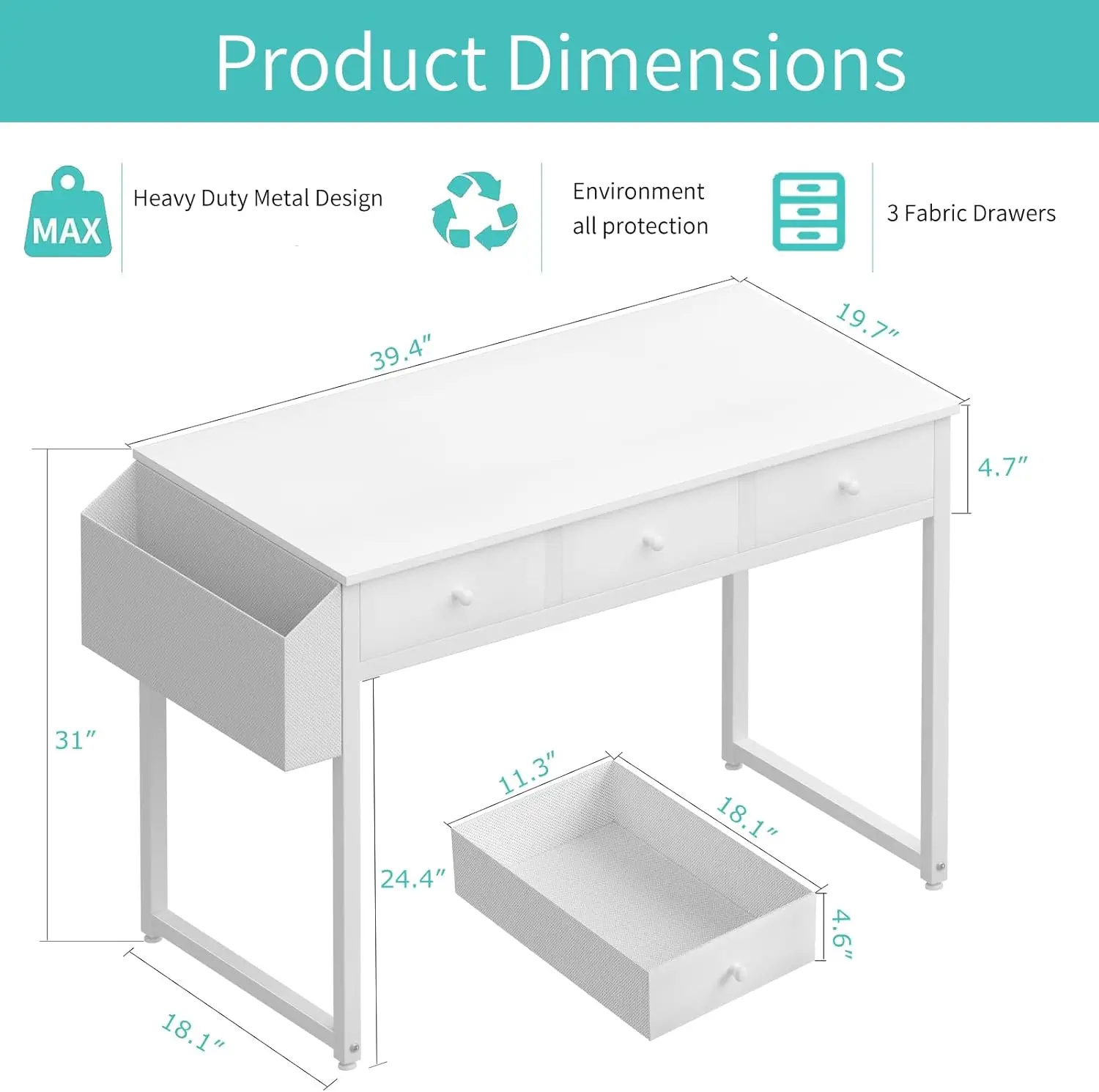 Lufeiya Small White Computer Desk with Fabric Drawers for Home Office Bedroom, 40 Inch Vanity Desk with Drawer Storage