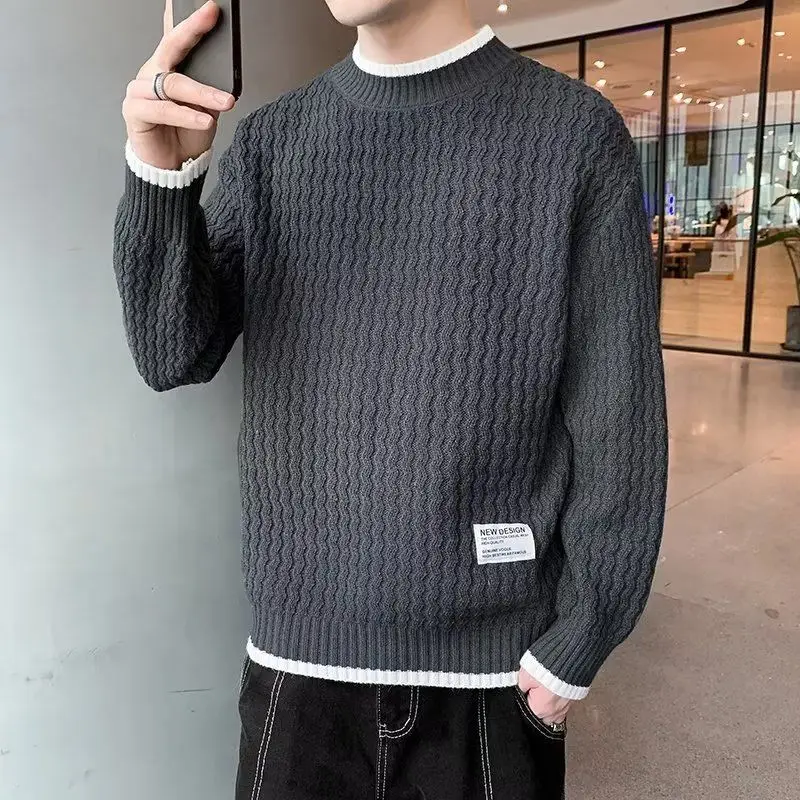 

New Men's Sweater Crewneck Autumn and Winter Thick Knit Men's Fake Two Loose Warm Twist Bottom Shirt knit sweater men clothes