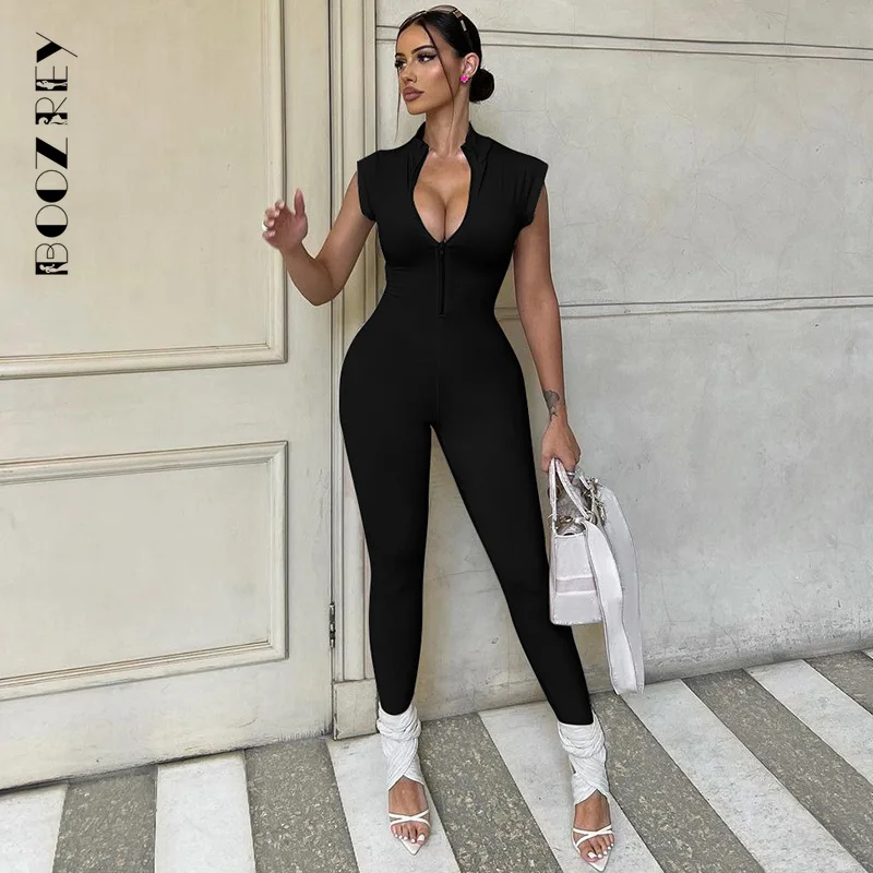 BoozRey New Women 2023 Summer New Fashion V-neck Sleeveless Pants Sexy Zipper Tight Solid Loungewear Sport Jumpsuit Streetwear women s new one piece bodysuit sexy cut out letter printed tight rompers casual racing sleeveless top women cycling jumpsuit