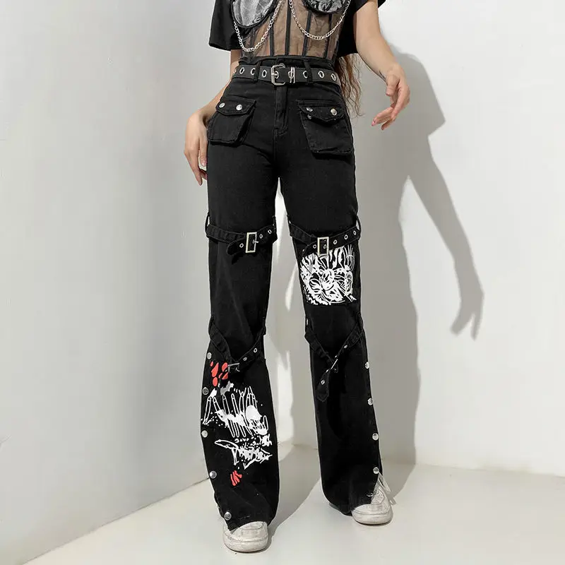 old navy jeans JMPRS Gothic Bandage Women Baggy Jeans Aesthetic Harajuku Cartoon Print Black Denim Trousers Dark Academia Hight Waist Pants hollister jeans