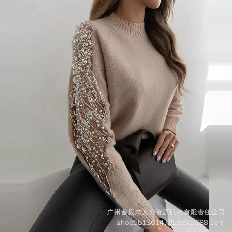 

Women Contrast Sequin Beaded Sheer Mesh Patch Knit Sweater Top Y2K Chic Clothes Autumn Winter Long Sleeve Knitwear Pullover
