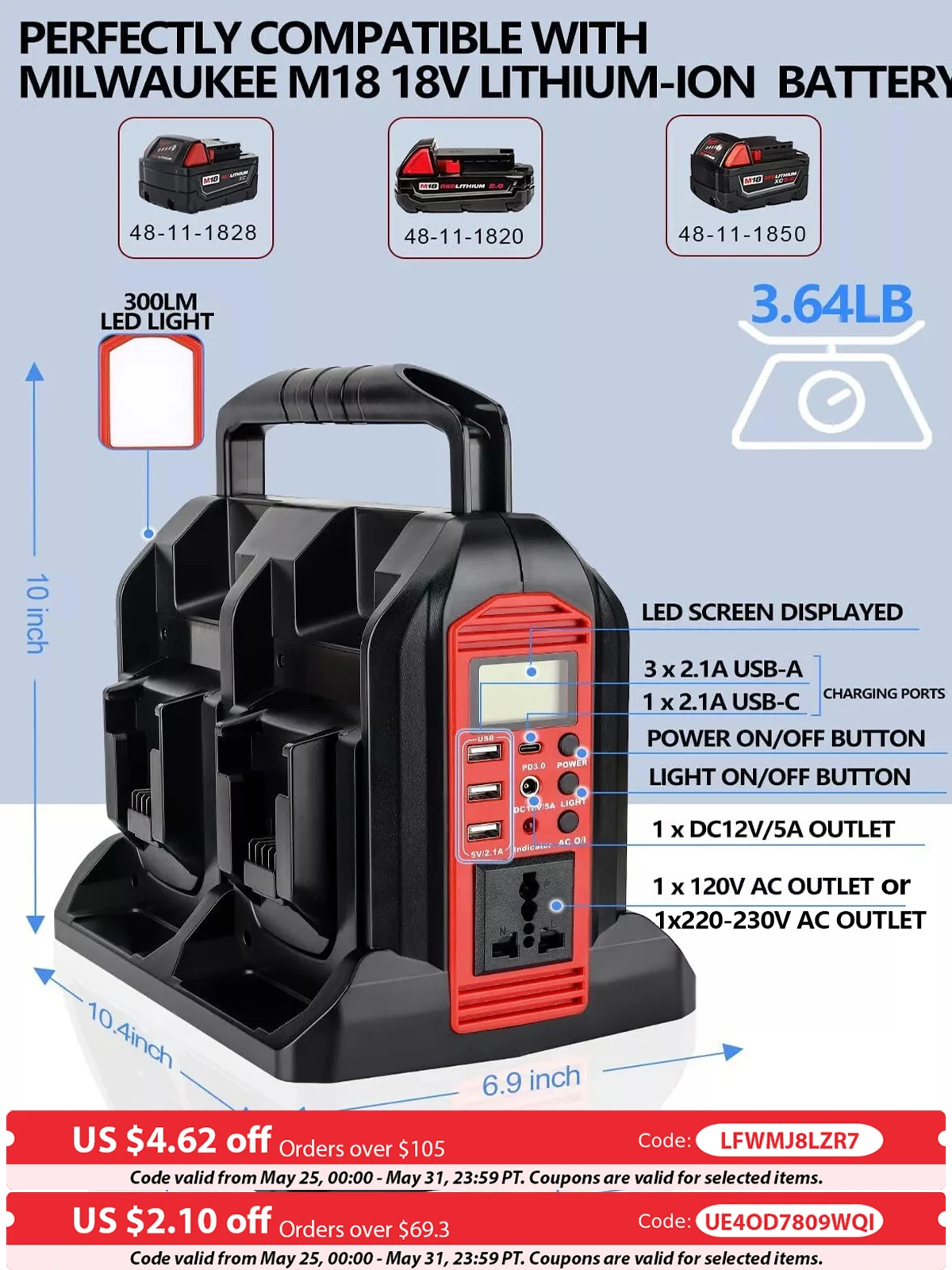 350W Power Supply Inverter For Milwaukee M18 18V Battery 4-Port