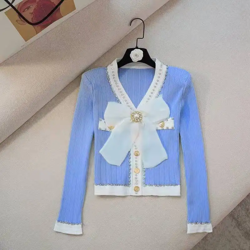 

Women 2023 Fashion Bowknot Knit Cardigan Sweater Long Sleeve Button-up Female Outerwear Chic Tops