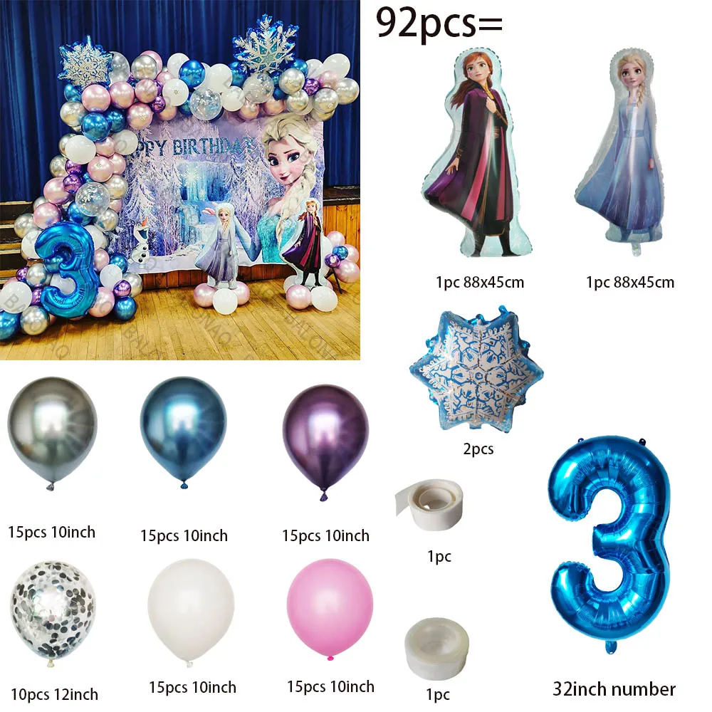 92pcs Disney Theme Background Wall Frozen Party Decoration Elsa Anna Foil Balloons Number Ball Baby Girl Birthday Party Kids