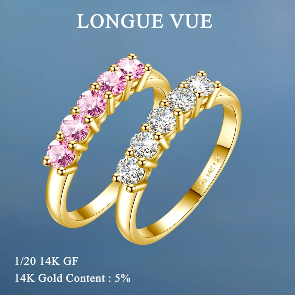 Real 14K Gold Filled Stacking Ring Five Stone Moissanite Wedding Band Finger Jewelry Accessories Anti Fading Waterproof